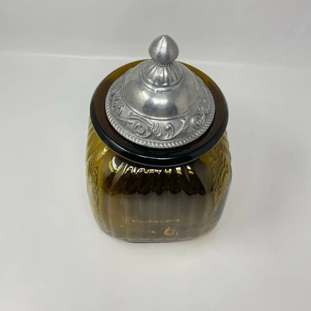 Vintage Artland Amber Glass Ribbed Apothecary Canister Pewter Lid 9.5”